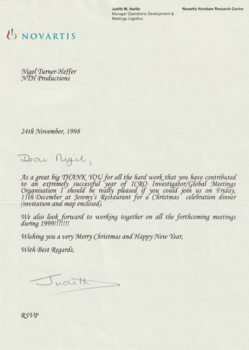 Letter of thanks from Judith Hartle at Novartis to Nigel T. Heffer, dated 24 November 1998