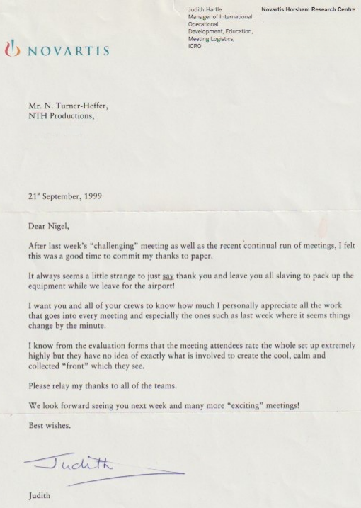 Letter of thanks from Judith Hartle at Novartis to Nigel T. Heffer, dated 21 September 1999