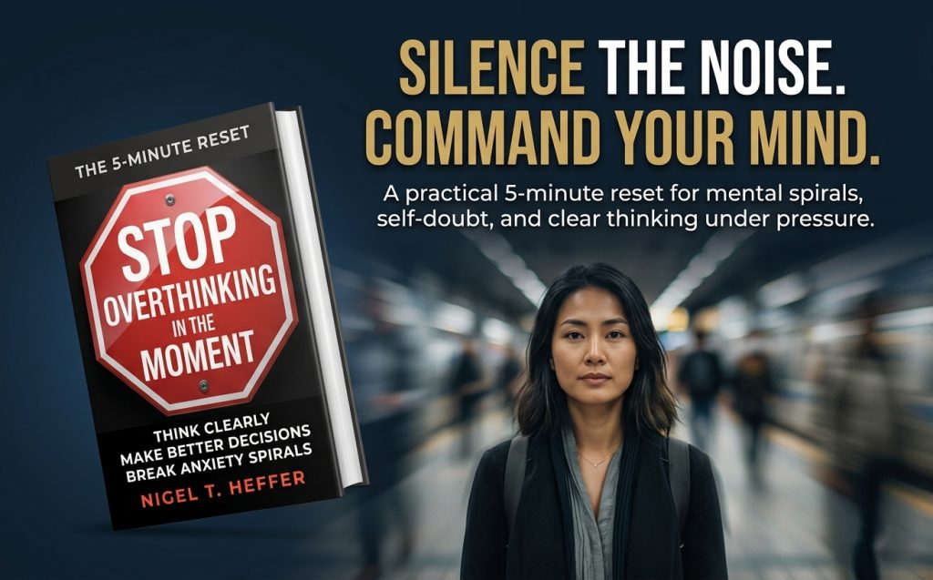 Stop Overthinking in the Moment by Nigel T. Heffer, a practical 5-minute reset book that helps readers silence mental noise, break anxiety spirals, reduce self-doubt and think clearly under pressure.