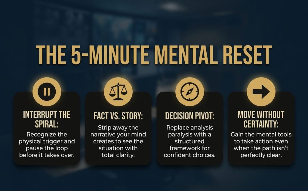 Stop Overthinking in the Moment graphic showing the 5-minute mental reset, with practical steps to interrupt the spiral, separate fact from story, pivot decisions and move forward without certainty.