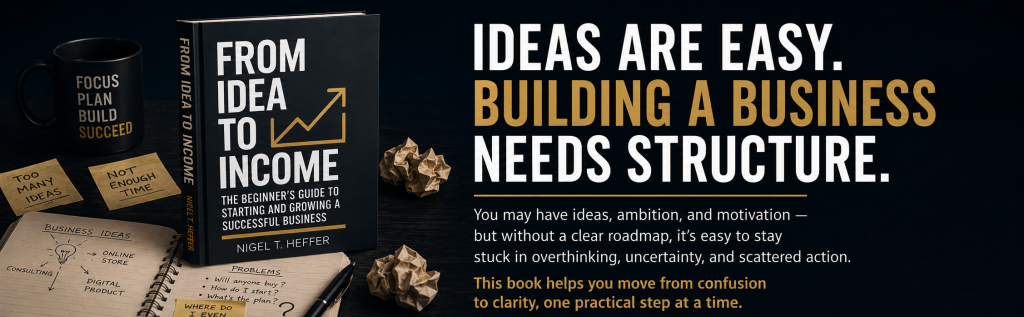 From Idea to Income book graphic explaining that ideas are easy but building a business needs structure, helping beginners move from confusion, uncertainty and scattered action to clarity and practical steps.