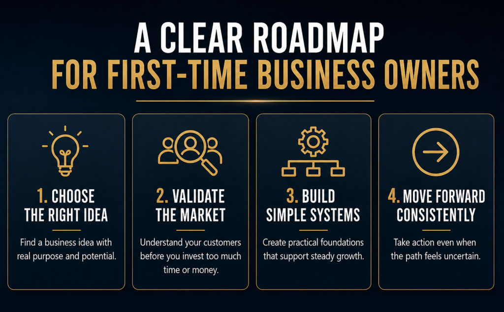 From Idea to Income book graphic showing a clear roadmap for first-time business owners, with steps to choose the right idea, validate the market, build simple systems and move forward consistently.