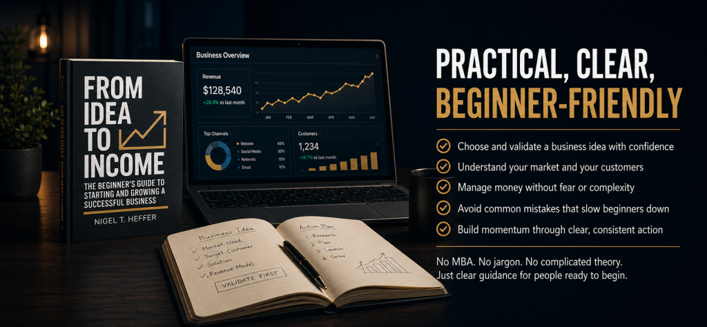 From Idea to Income book graphic showing a practical, clear and beginner-friendly business guide that helps readers choose and validate a business idea, understand their market, manage money, avoid common mistakes and build momentum.