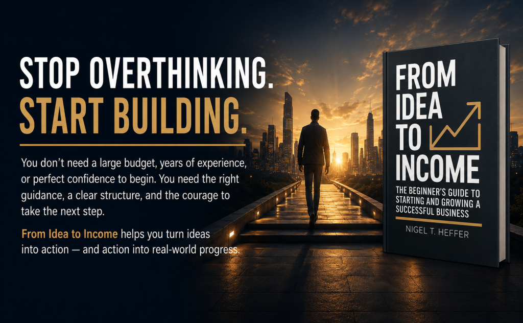 From Idea to Income book graphic encouraging readers to stop overthinking and start building, with practical guidance, clear structure and the courage to turn business ideas into real-world progress.