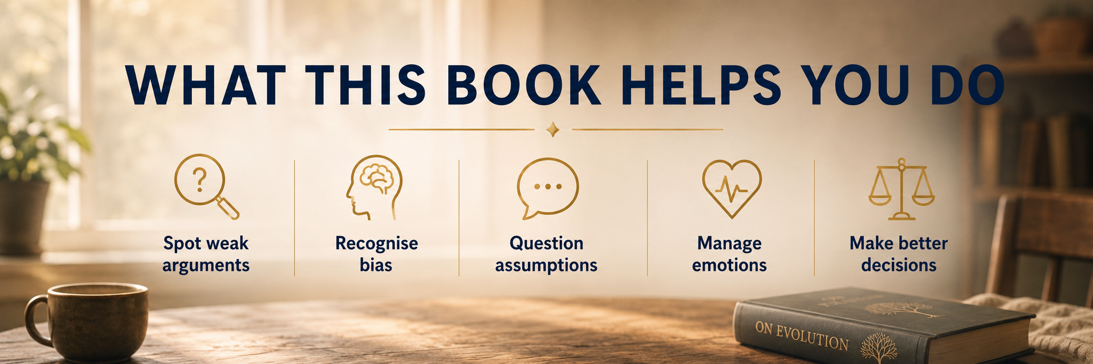 The Clear Path book graphic showing what the book helps readers do: make better decisions, spot weak arguments, recognise bias, question assumptions and stay calm under pressure.