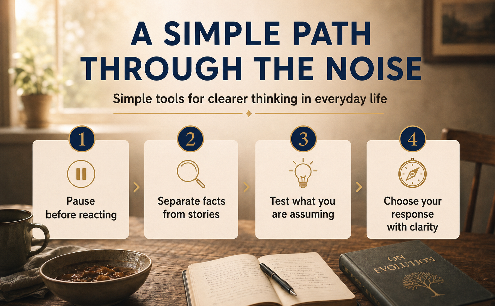 The Clear Path book graphic showing a book cover and the journey from noise to clarity, with steps to slow down, think clearly and choose better in conversations, work and everyday life.