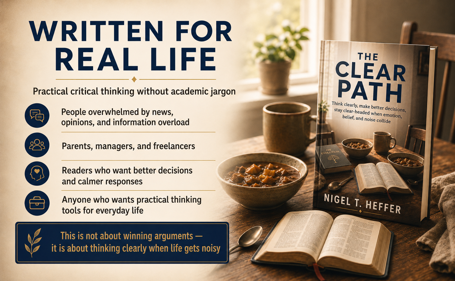 About Nigel T. Heffer graphic for The Clear Path, explaining his 35 years of experience in live events, conferences, AV production and technical management, and how that experience shaped his practical critical thinking book.