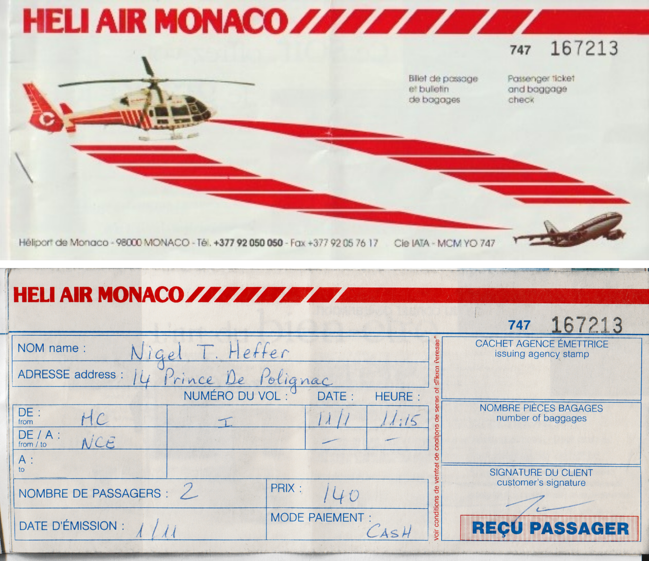 Heli Air Monaco passenger ticket for Nigel T. Heffer