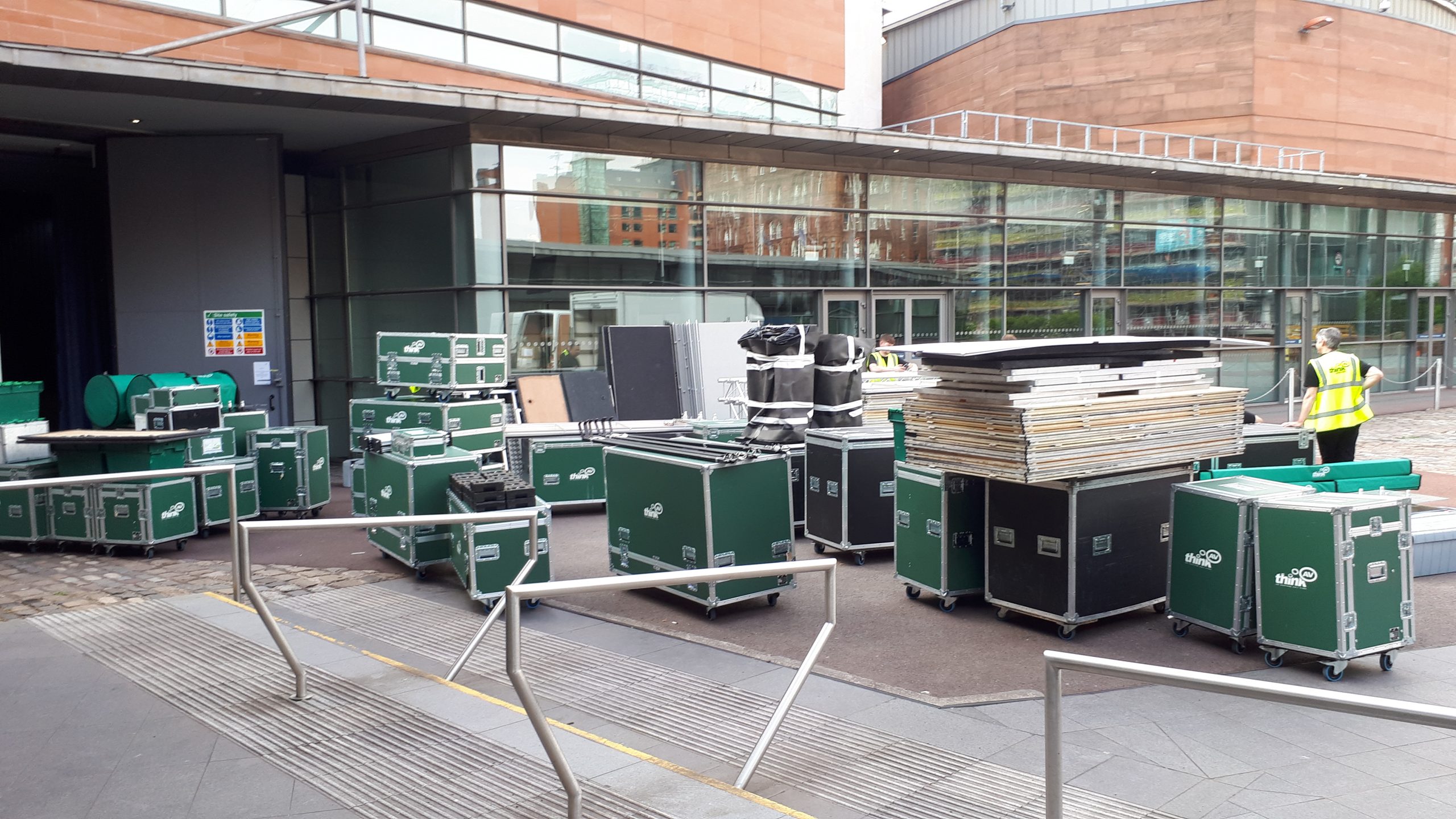 Audiovisual equipment prepared for a conference event in Manchester