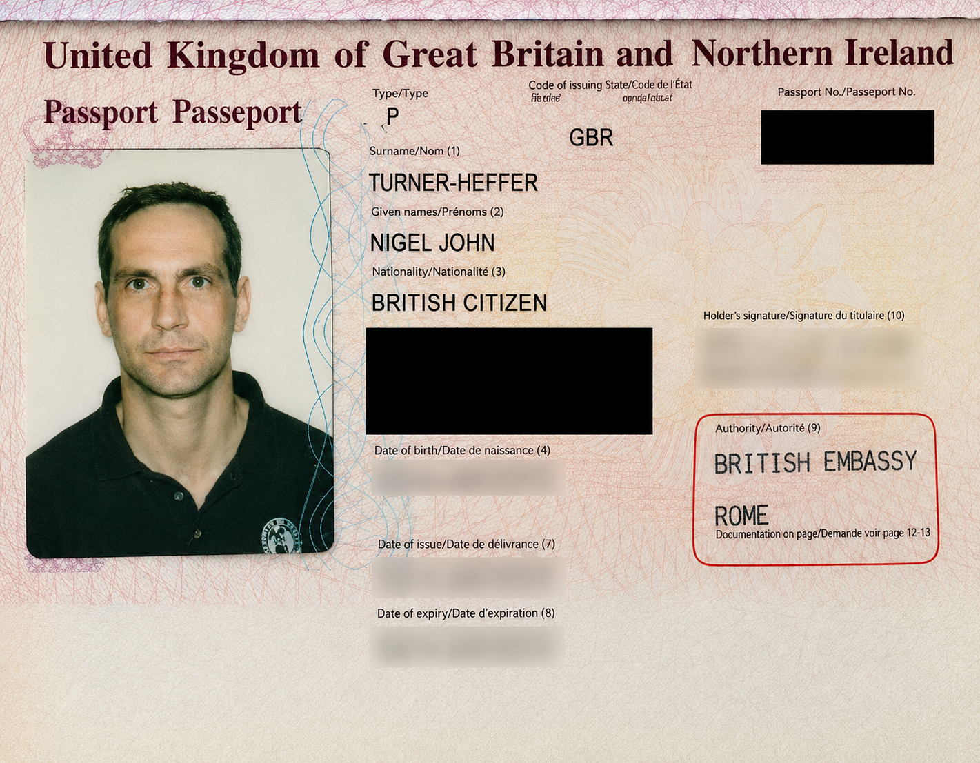 Replacement British passport issued through the British Embassy in Rome after my passport was stolen in 1998