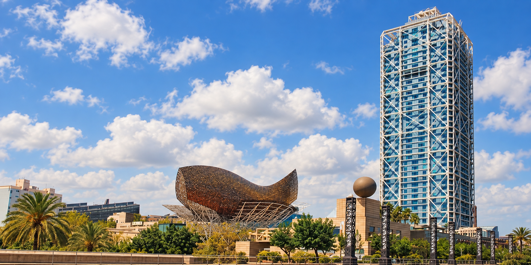 Hotel Arts Barcelona with the distinctive fish sculpture beside the hotel